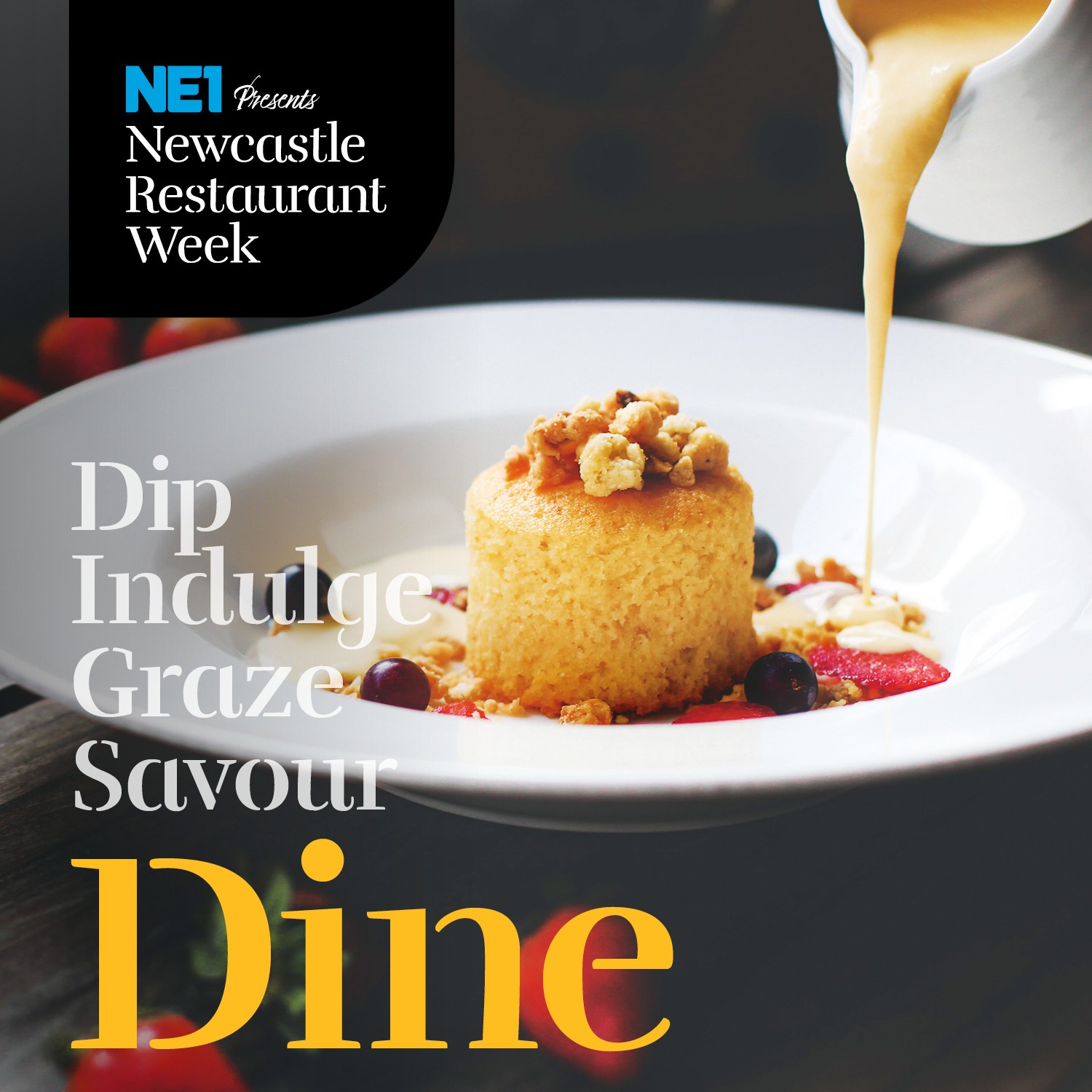 Custard being pored over a dessert in a white bowl